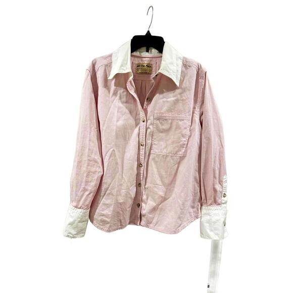 Free People Tommy Oxford Pink and White Tailored Oversized Button Up- Size Small - Picture 4 of 7